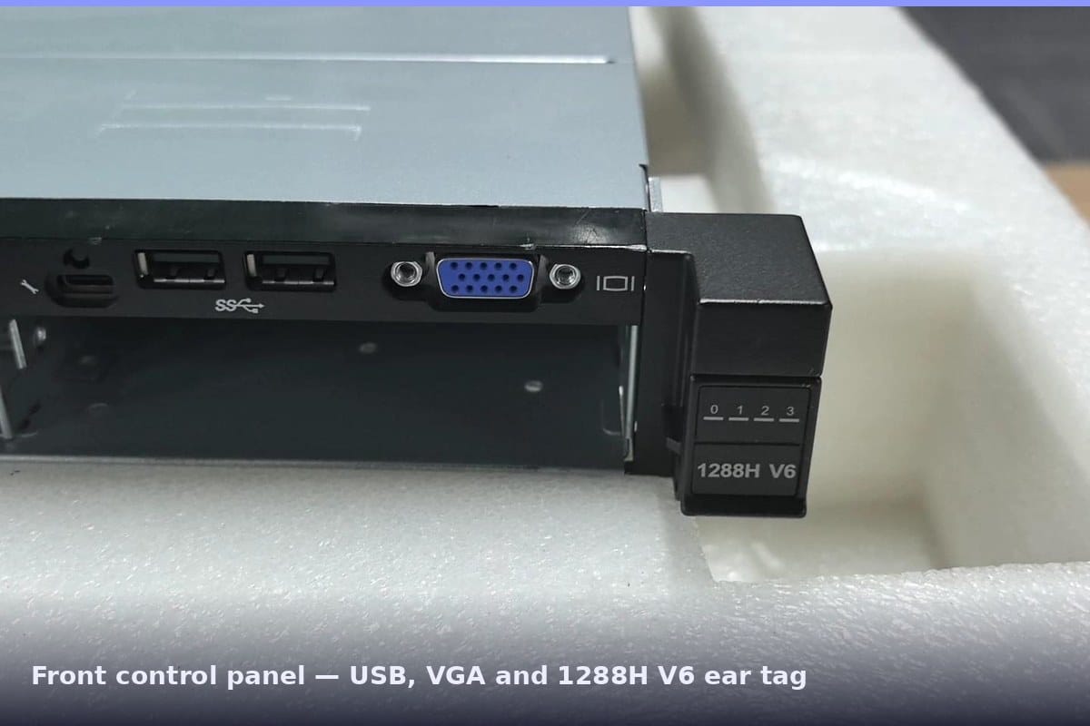 xFusion 1288H V6 front control panel with USB, VGA and ear tag