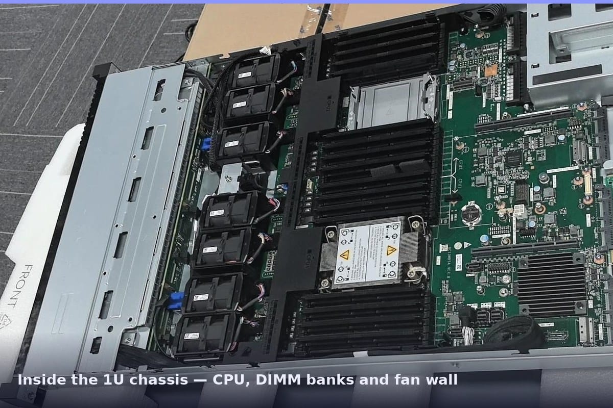 Inside the xFusion 1288H V6 chassis showing CPU, DIMM banks and cooling fans