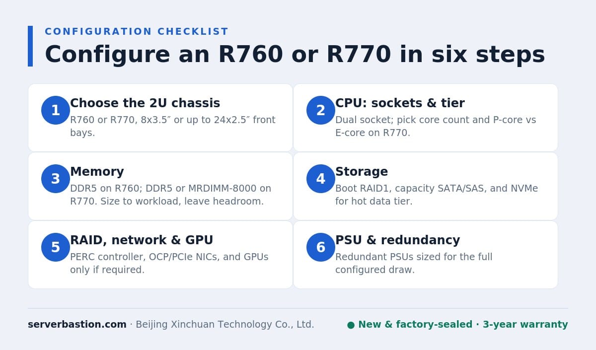 Six-step infographic checklist for configuring a Dell PowerEdge R760 or R770: chassis, CPU, memory, storage, RAID and PSU