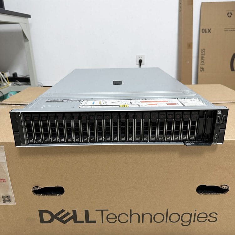 Real Dell PowerEdge R760 2U rack server front view on its Dell carton in our warehouse