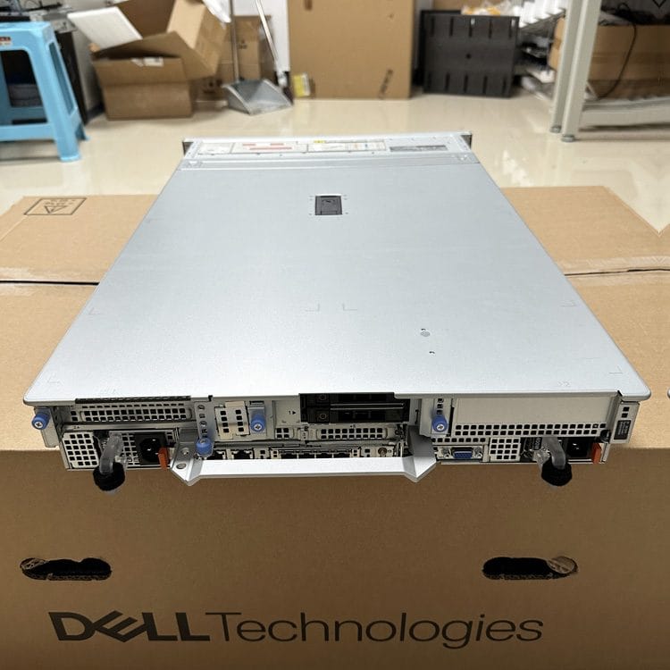 Dell PowerEdge R760 rear panel with redundant power supplies, riser slots and I/O, actual unit