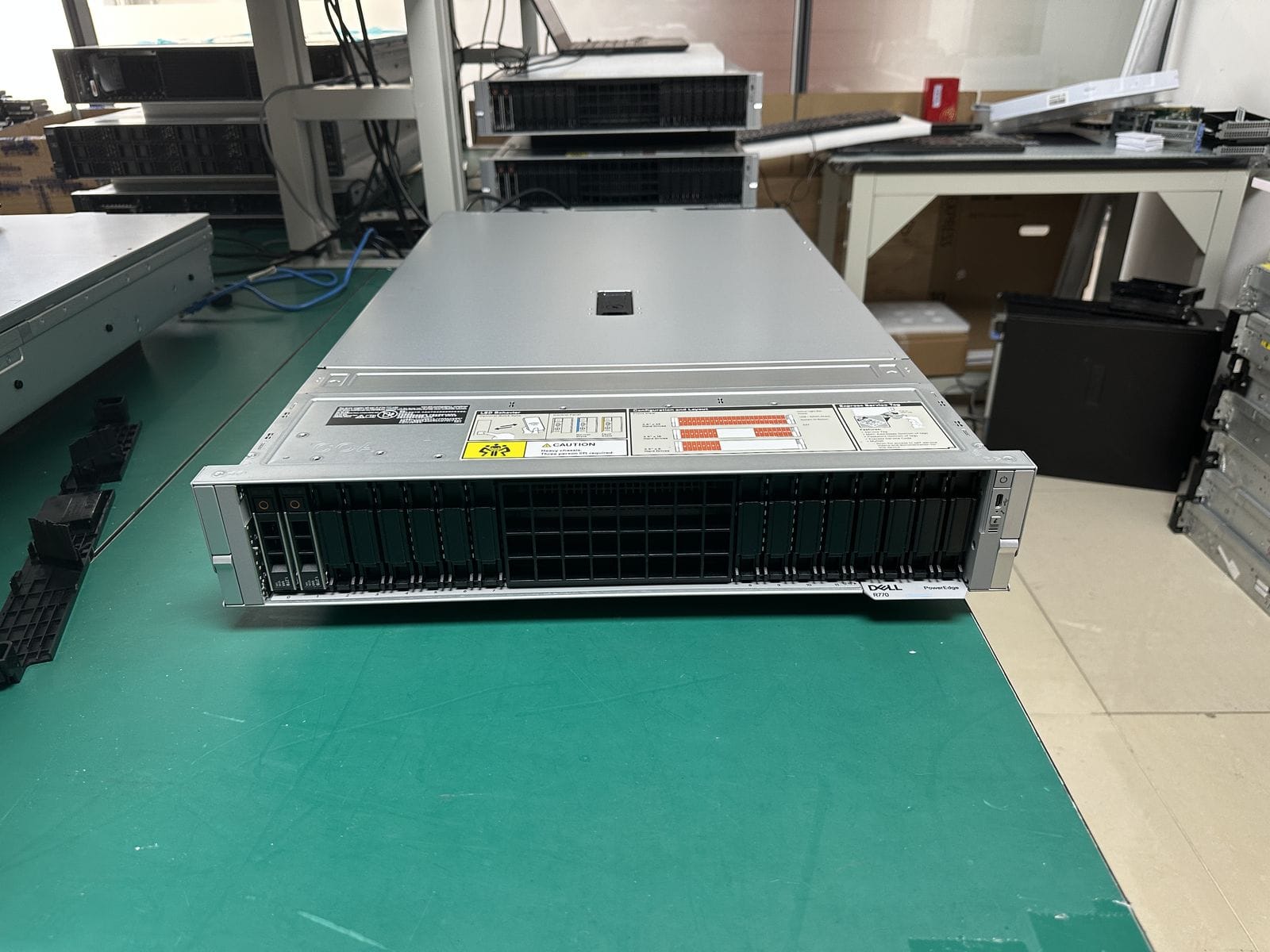 Real Dell PowerEdge R770 rack server three-quarter view in our warehouse