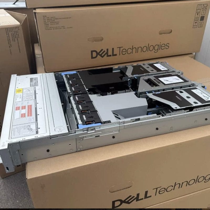 Dell PowerEdge R7725 open chassis top view, brand-new unit unboxed for inspection