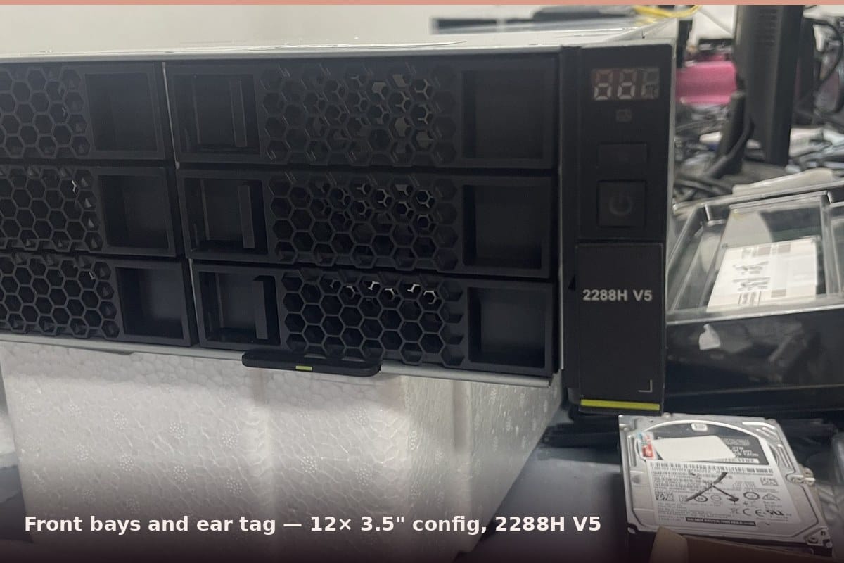 xFusion 2288H V5 front bays and ear tag with 12 x 3.5 inch drives
