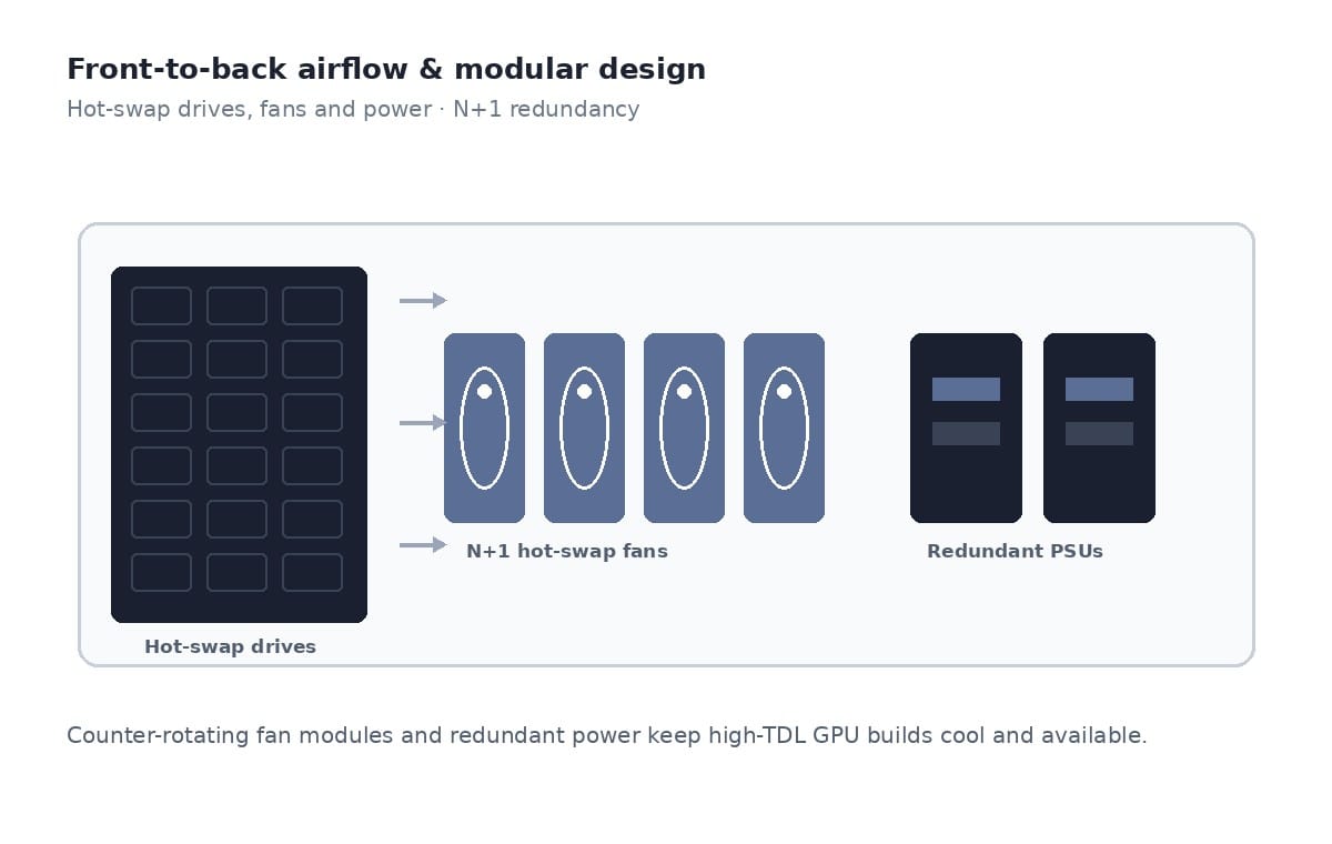 Front-to-back airflow with hot-swap N+1 fans and redundant power supplies