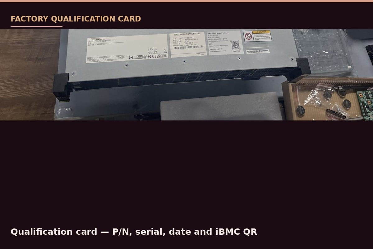 xFusion 2288H V5 factory qualification card with P/N, serial and iBMC QR