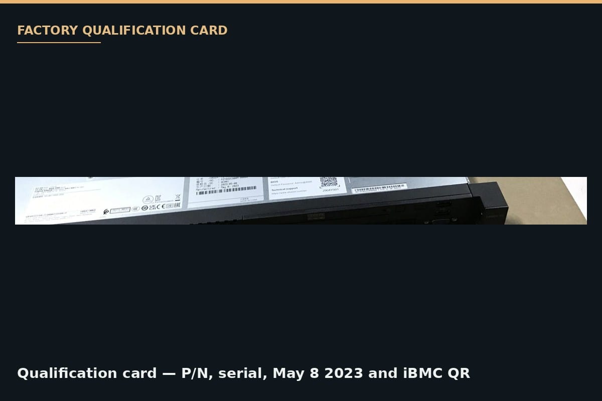xFusion 1288H V5 factory qualification card with P/N, serial and iBMC QR