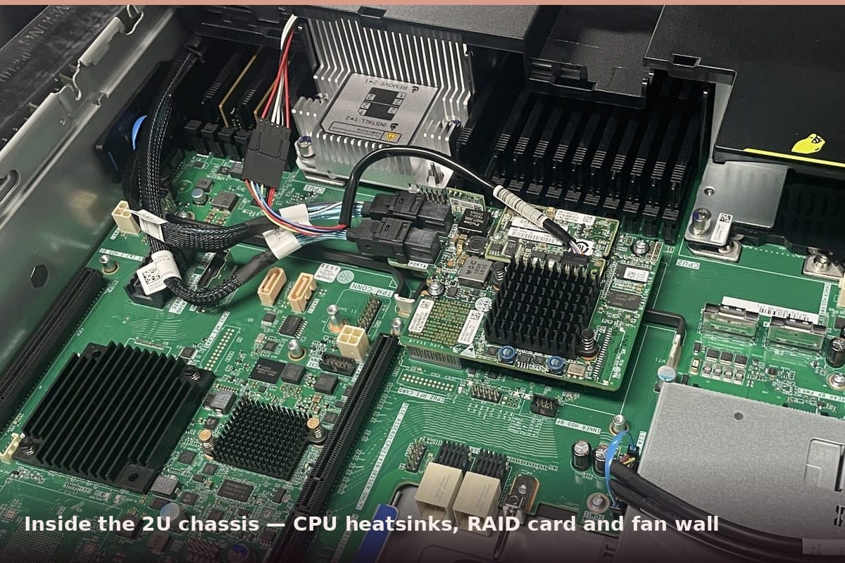Inside the xFusion 2288H V5 chassis showing CPU heatsinks, RAID card and fan wall