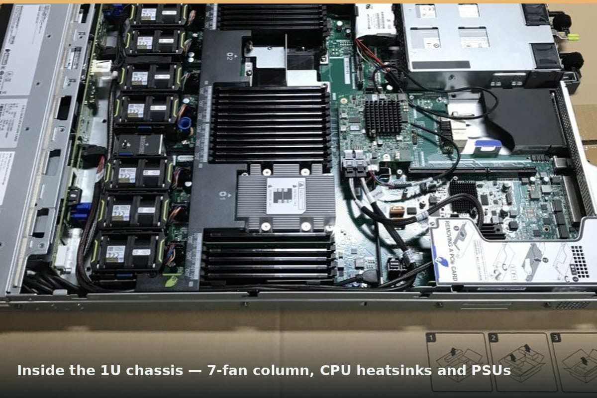 Inside the xFusion 1288H V5 1U chassis showing the 7-fan column, CPU heatsinks and PSUs