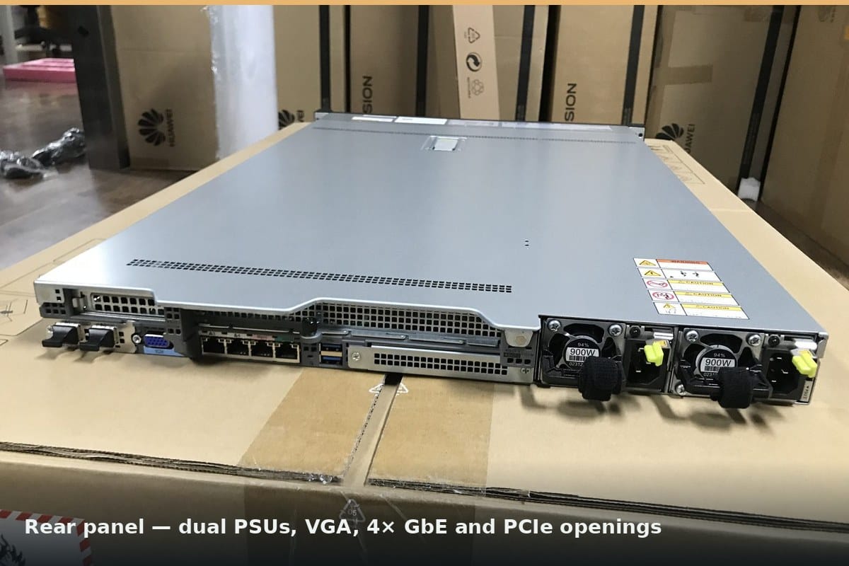 xFusion 1288H V5 rear panel with dual 900W PSUs, VGA, four GbE ports and PCIe openings