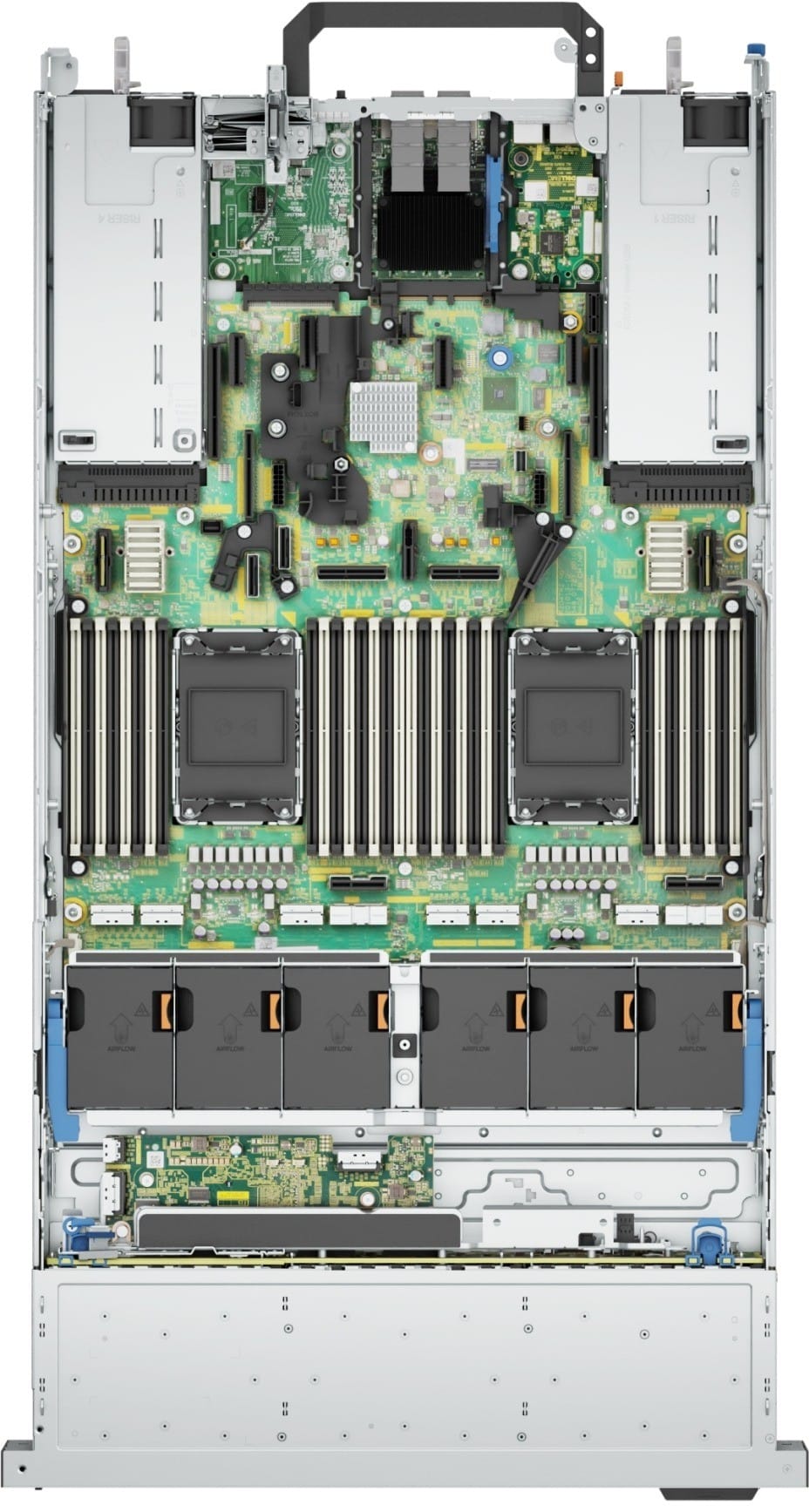 Inside the Dell PowerEdge R860 showing four CPU sockets, 64 DDR5 DIMM slots and cooling modules