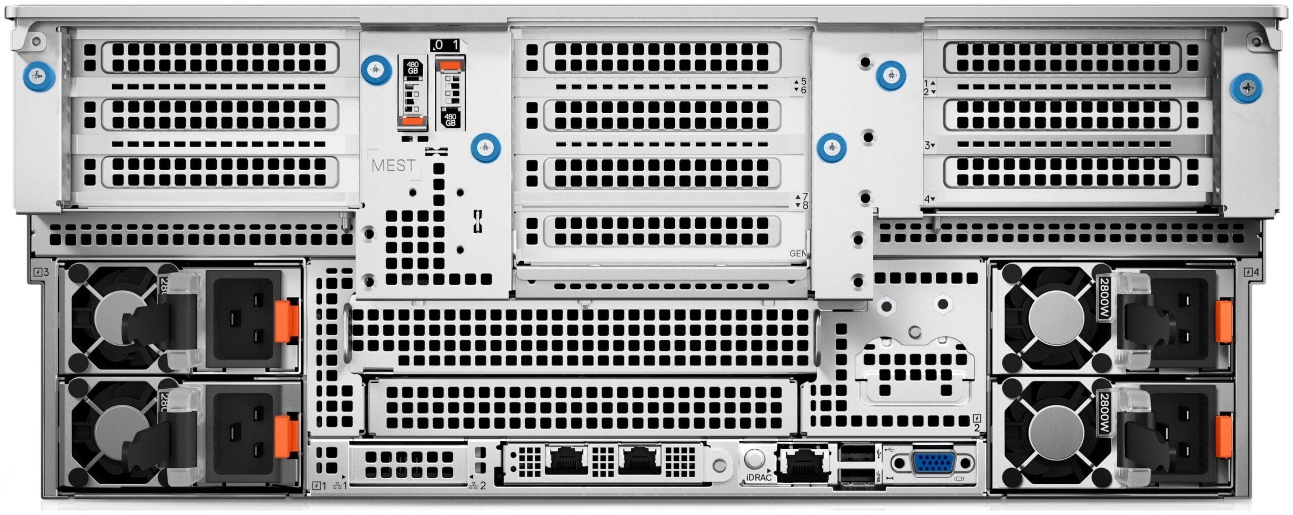 Dell PowerEdge R960 internal view showing four CPU sockets, 64 DIMM slots and Gen5 risers