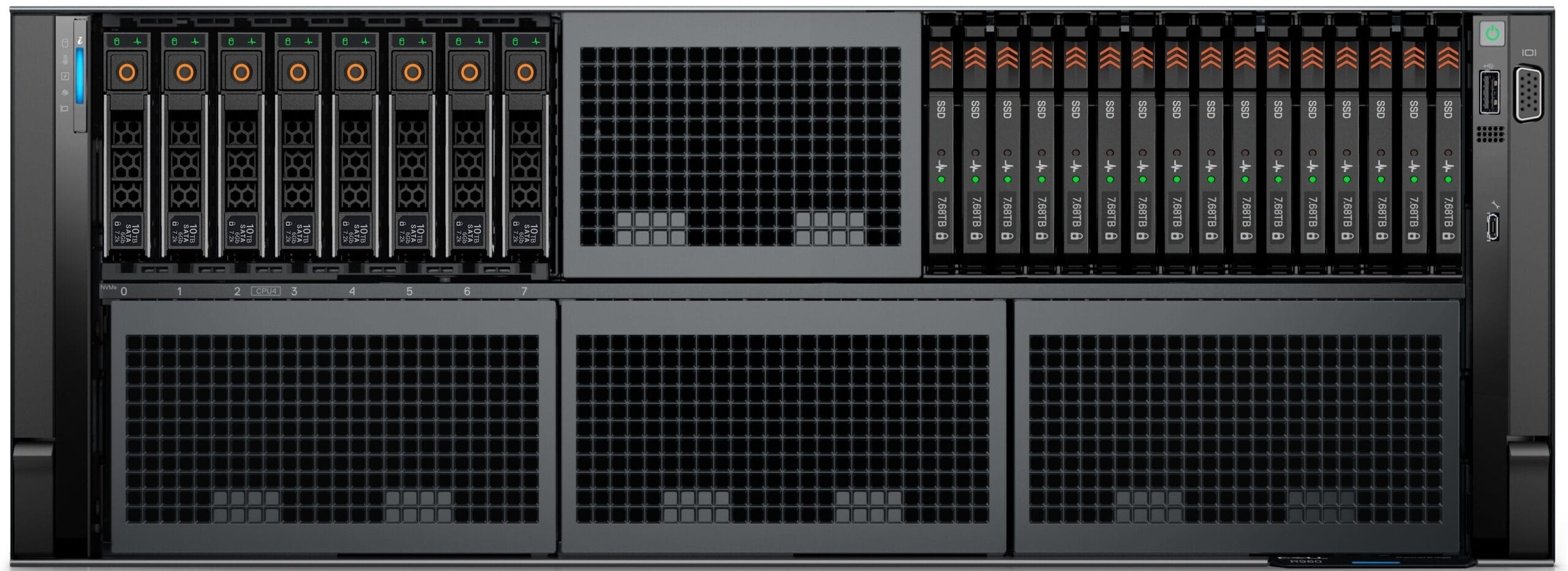 Dell PowerEdge R960 rear IO view with four redundant power supplies and riser slots